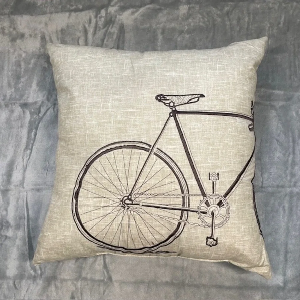 Throw Pillow embroidered Bicycle Design Beige and Brown 16 x 16 EUC
